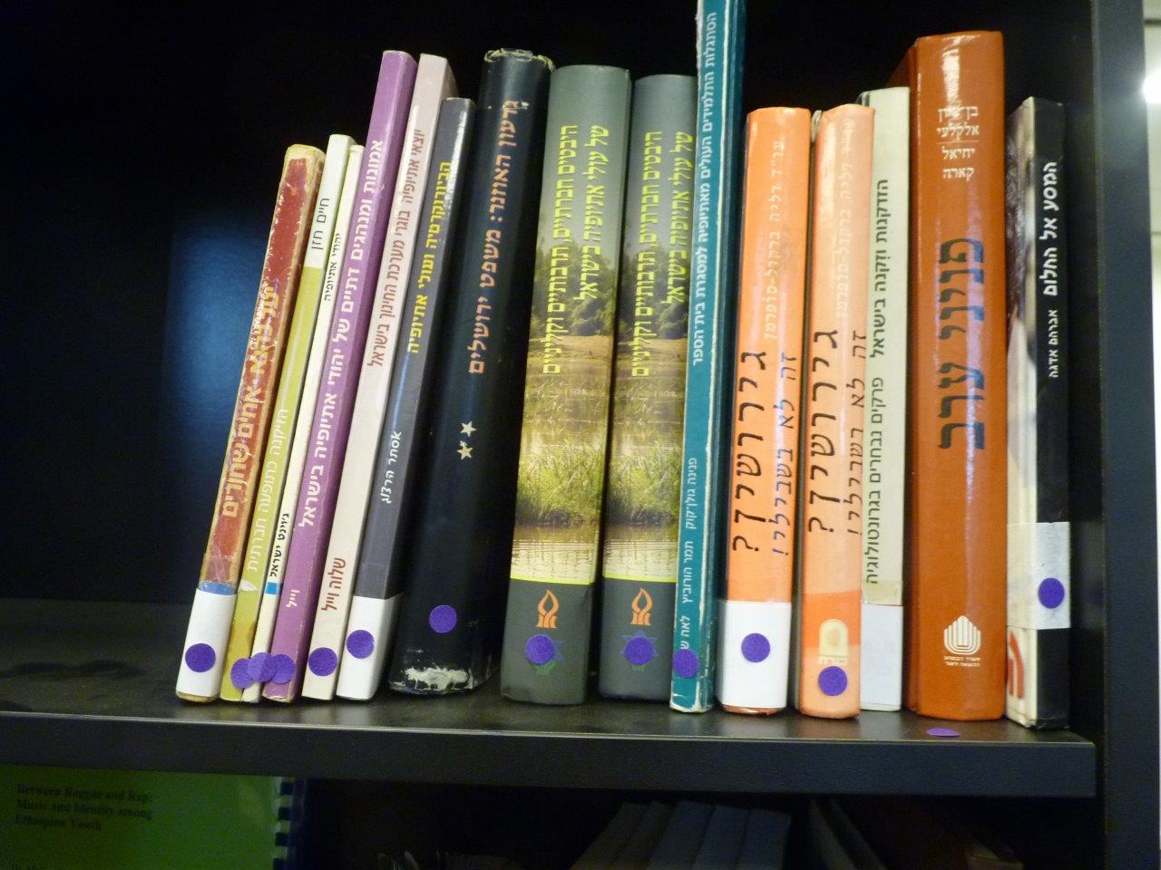 Photo of bookshelf with books on Ethiopia in Hebrew